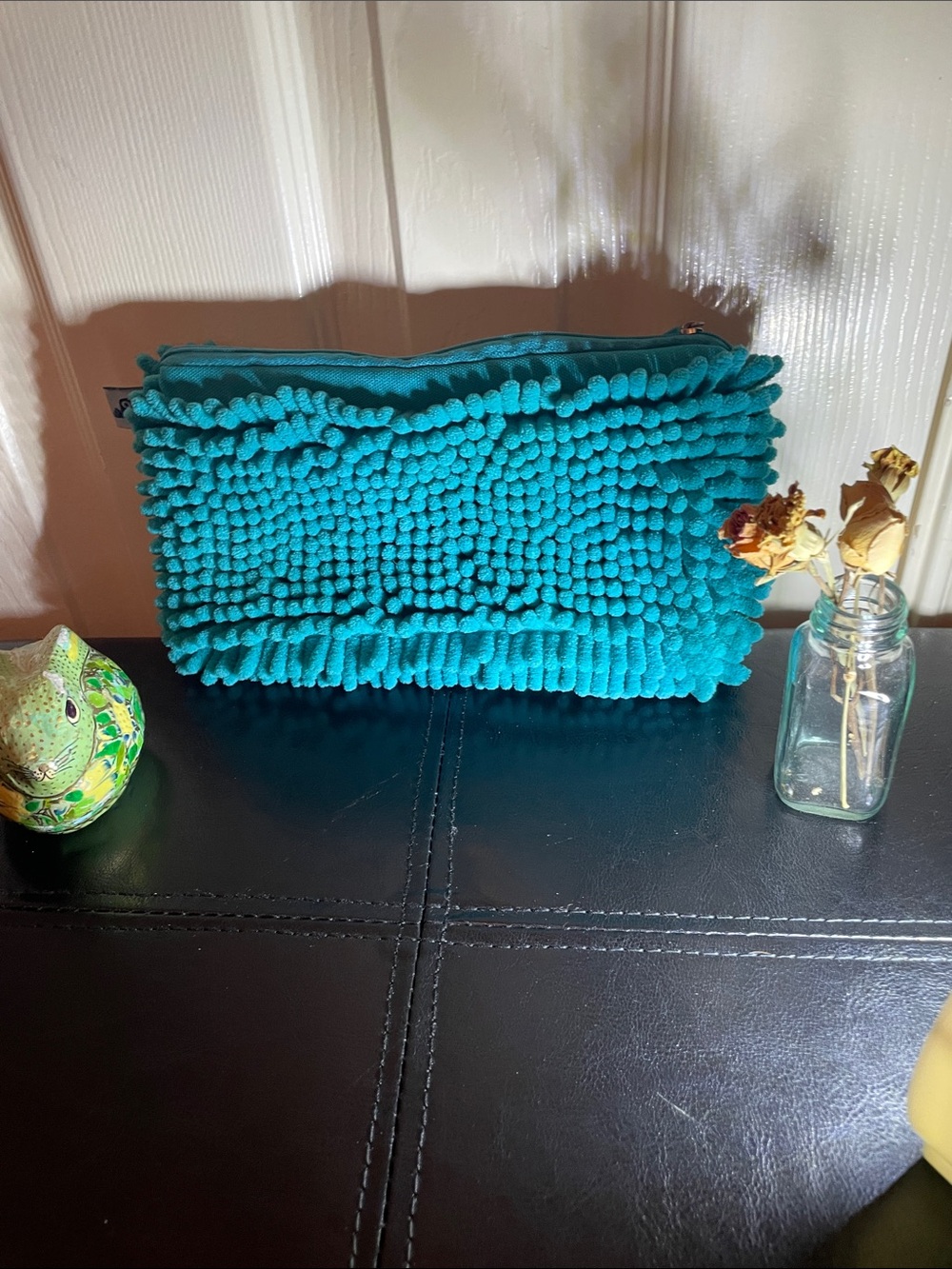 Yoobi Teal Textured Pom-Pom Clutch. Closet clearout no returns.